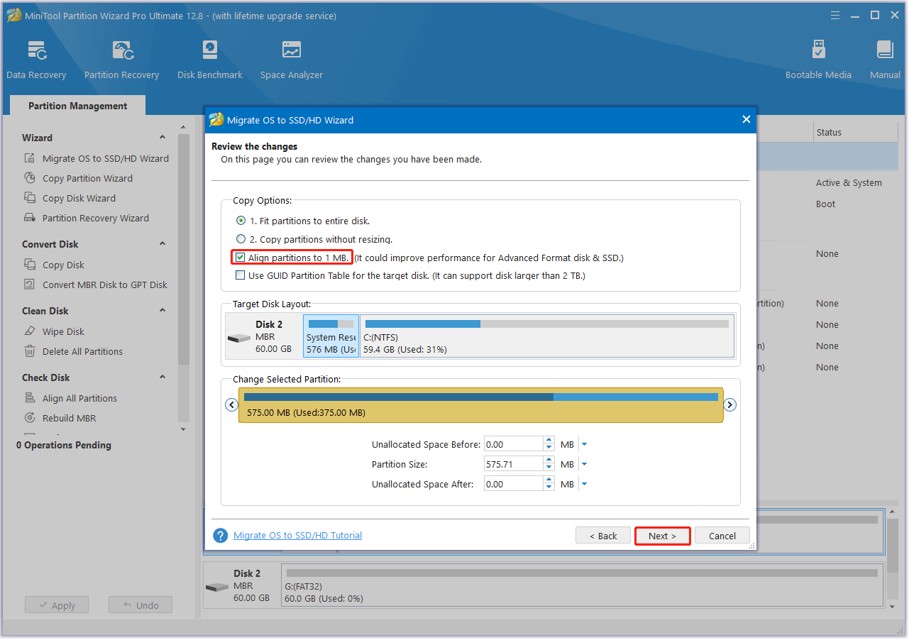 select copy options and configure disk layout