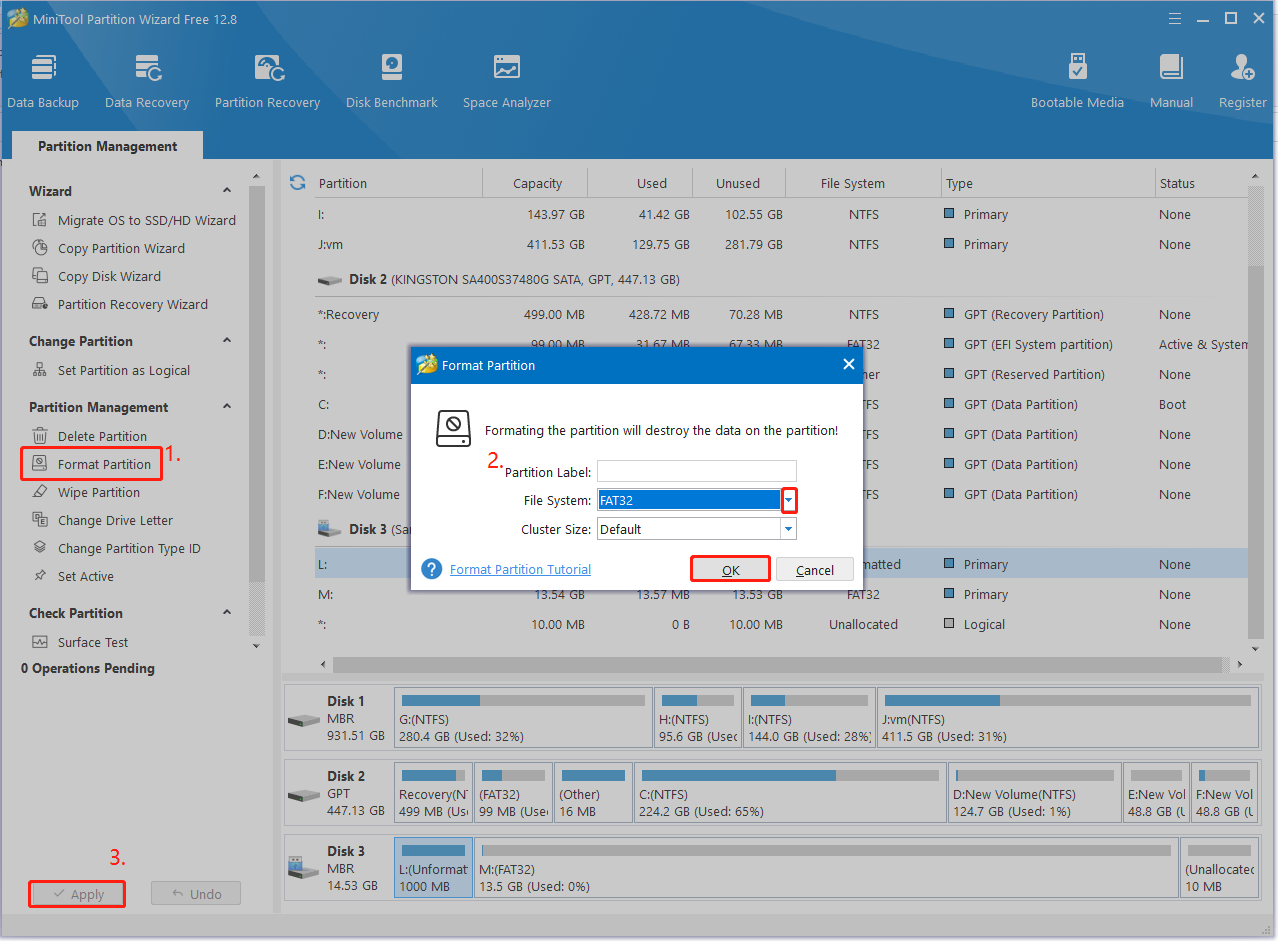 format a partition to FAT32 using MiniTool