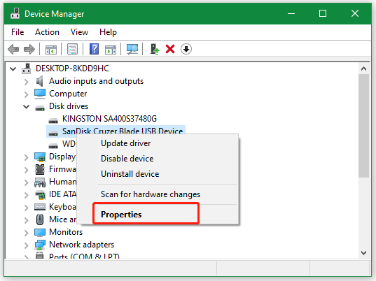 select Properties in Device Manager