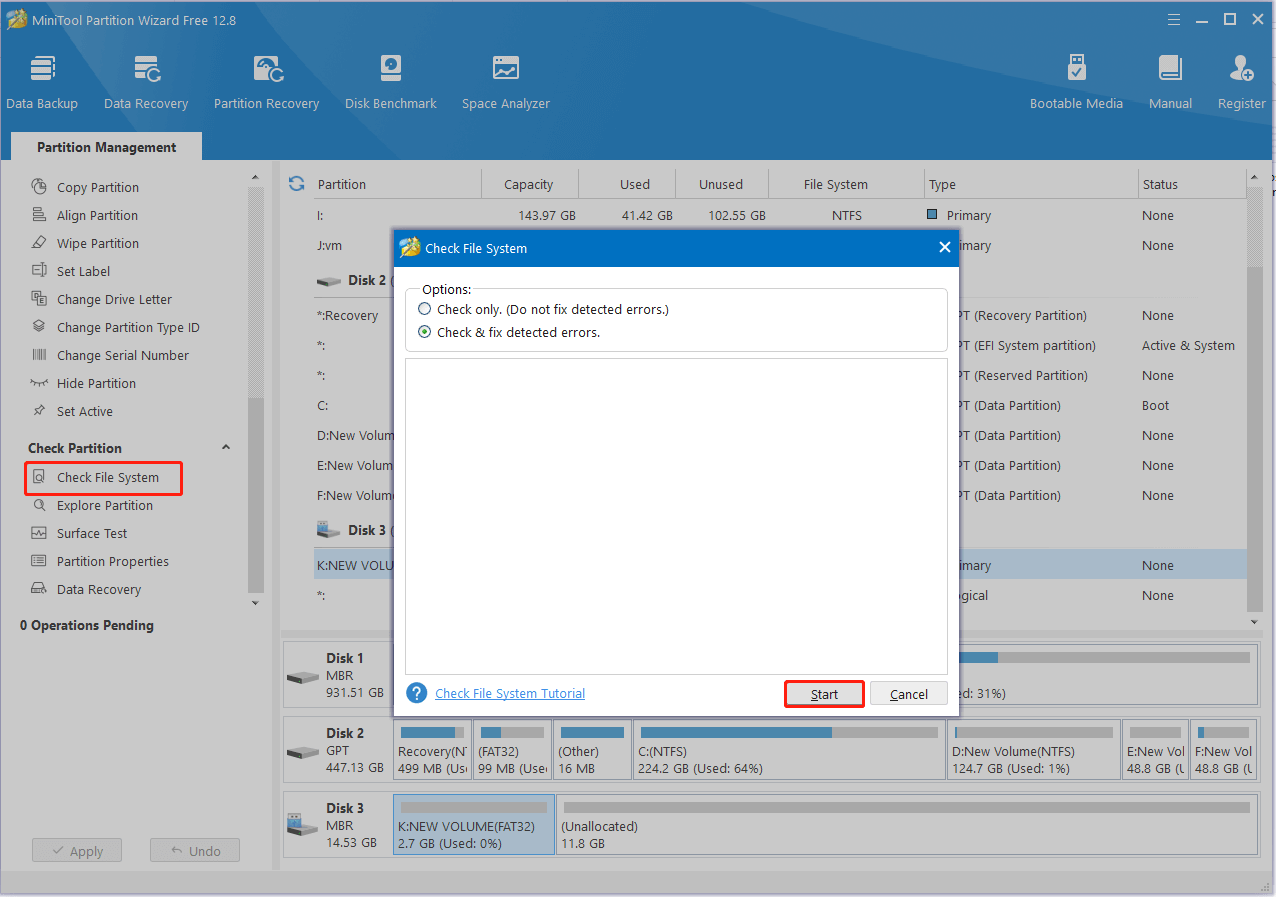 check file system errors using MiniTool
