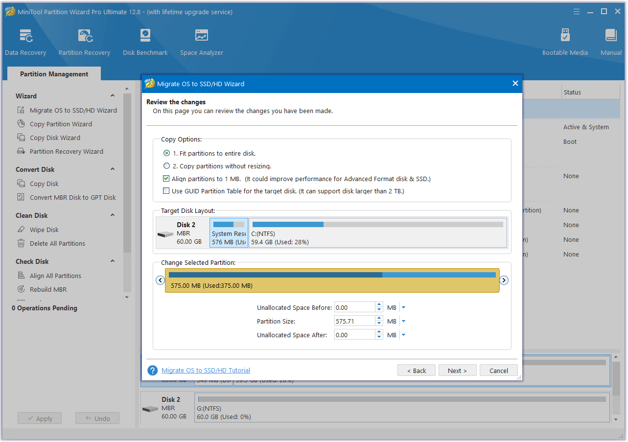 select copy options and configure disk layout