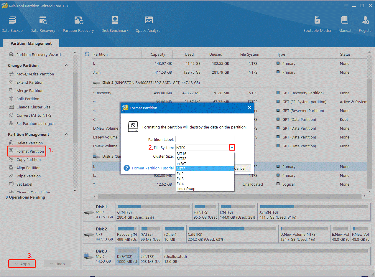 format SD card to FAT32 using MiniTool