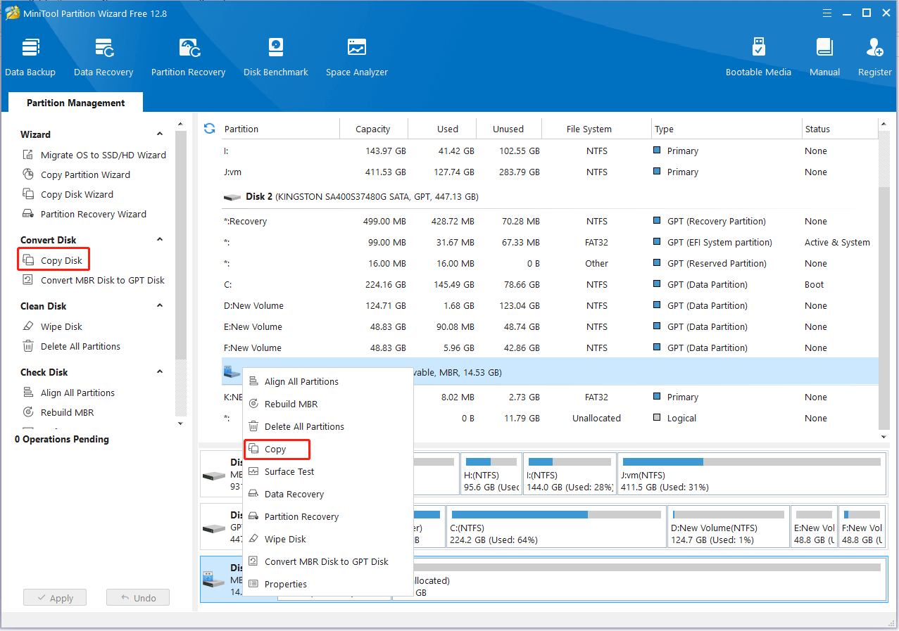 select Copy disk on MiniTool