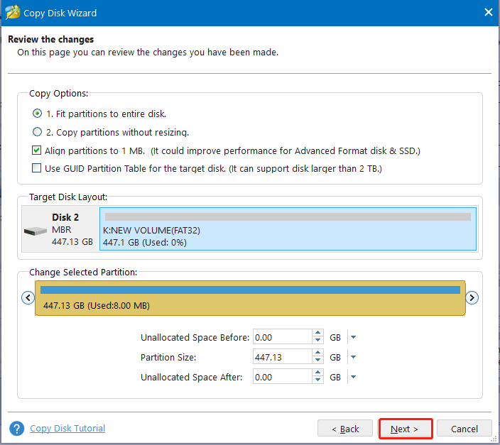 confirm Copy options