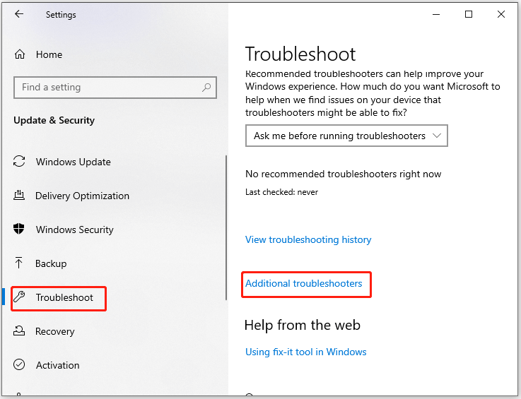 click Additional troubleshooters