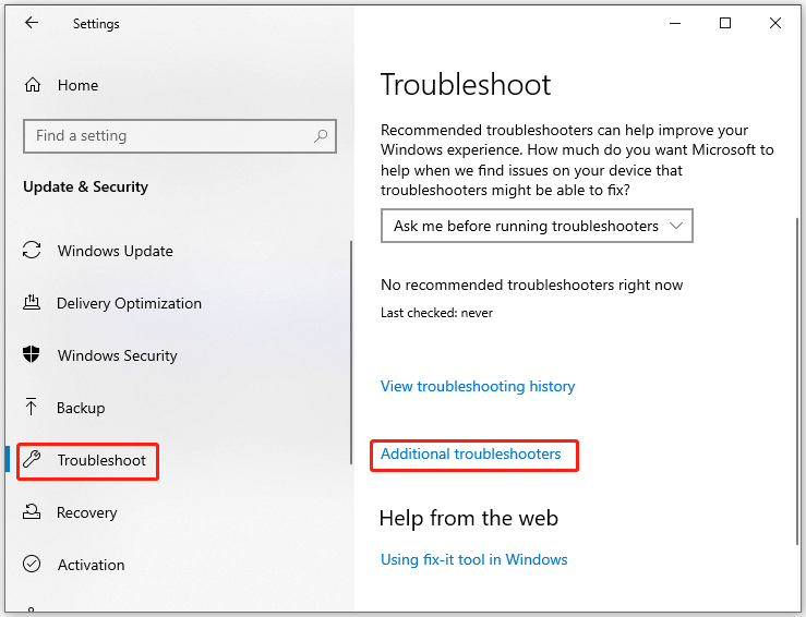 click Additional troubleshooters
