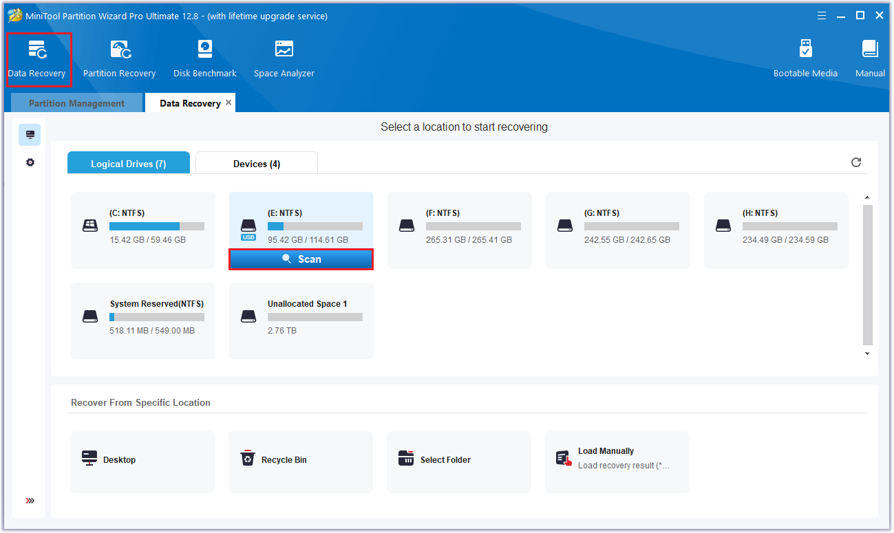 select the partition you want to recover and click Scan