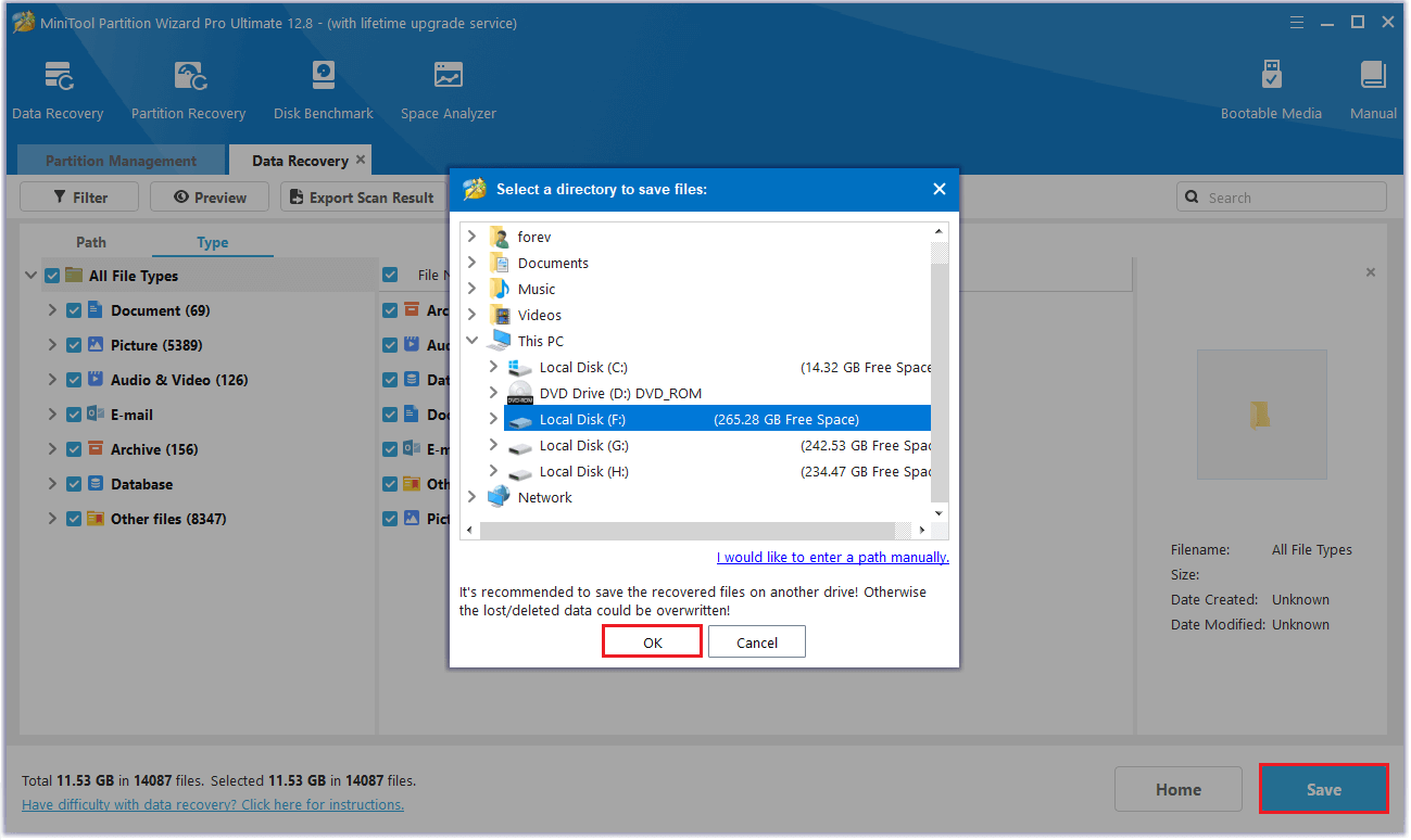 choose a location to save the recovered files