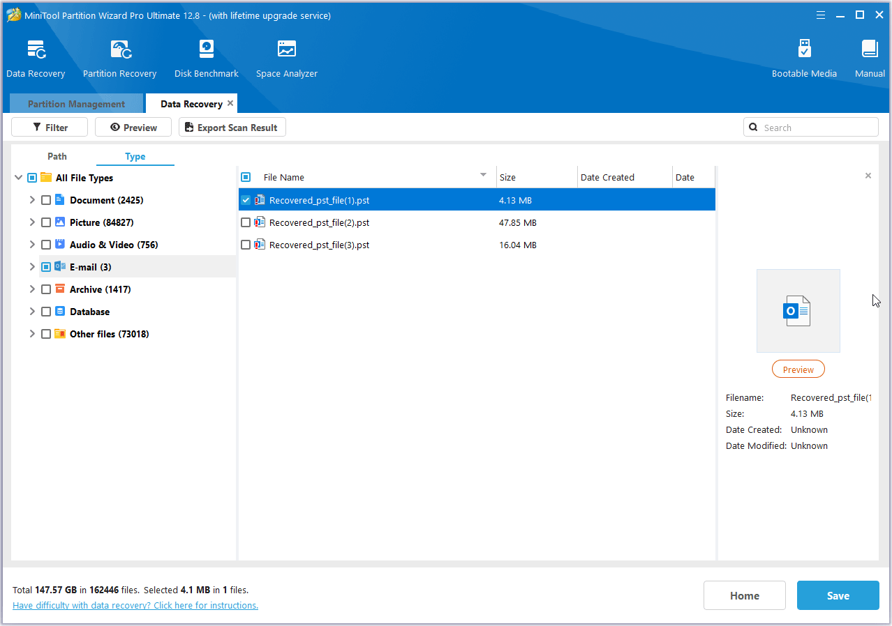 save the recovered PST files