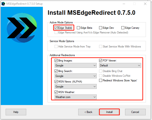 install MSEdgeRedirect