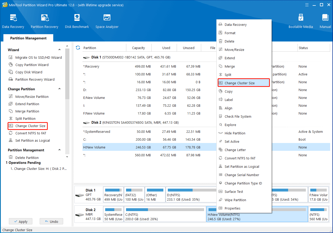 Select Change Cluster Size