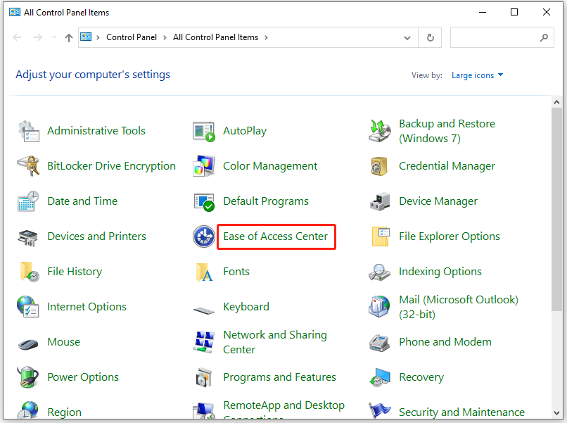 click Ease of Access Center
