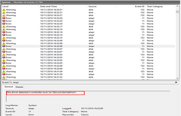 The driver detected a controller error on \Device\Ide\IdePort1