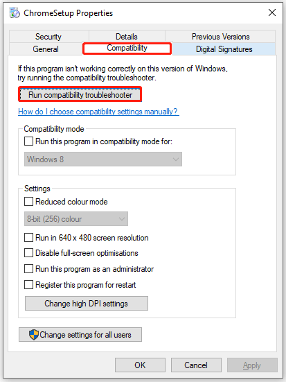 Run program compatibility troubleshooting