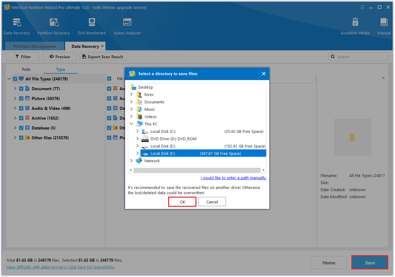 choose a location to save the recovered files