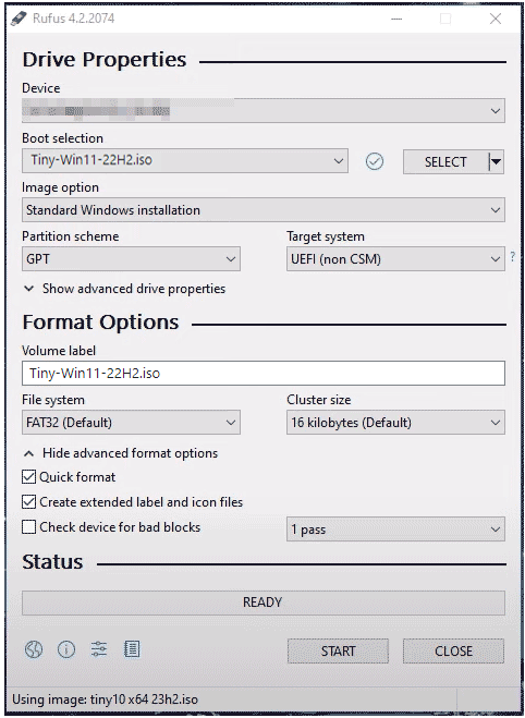 create Tiny11 22H2 installation media using Rufus