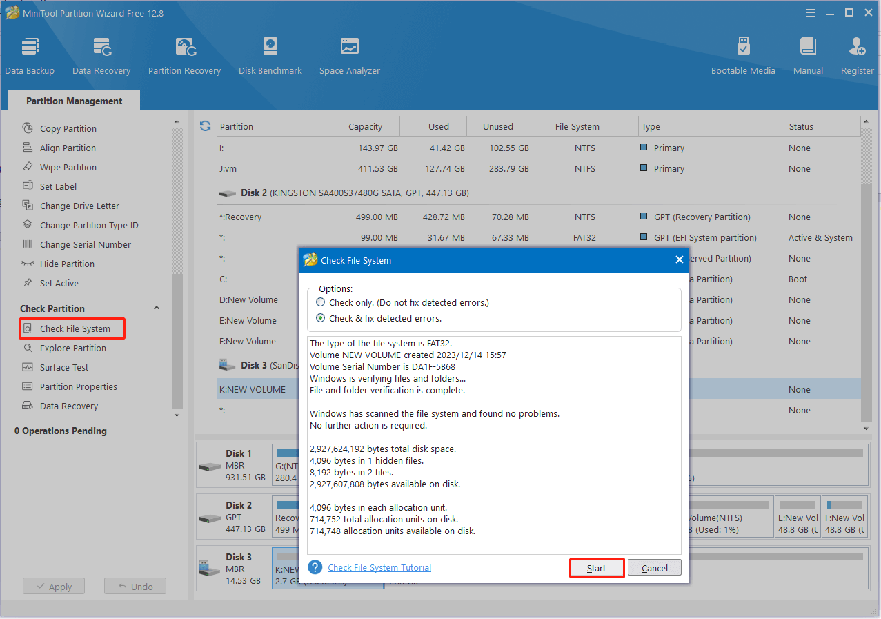 check file system error using MiniTool