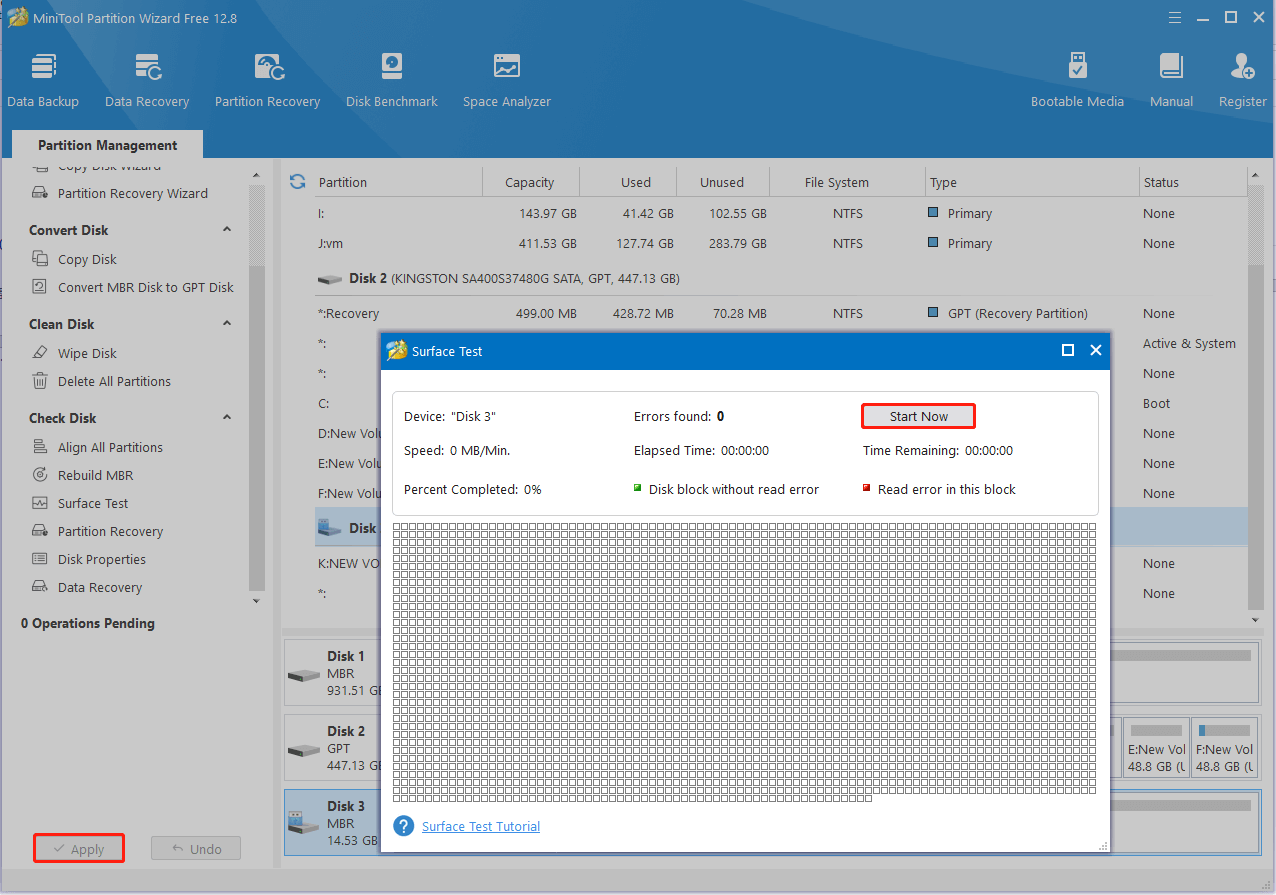 check bad sectors using MiniTool