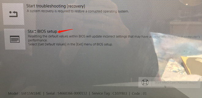 select Start BIOS setup on VAIO