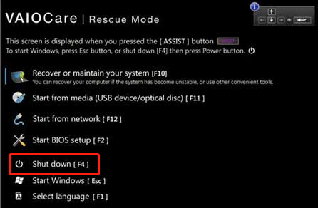 select shut down on Start VAIO Care mode