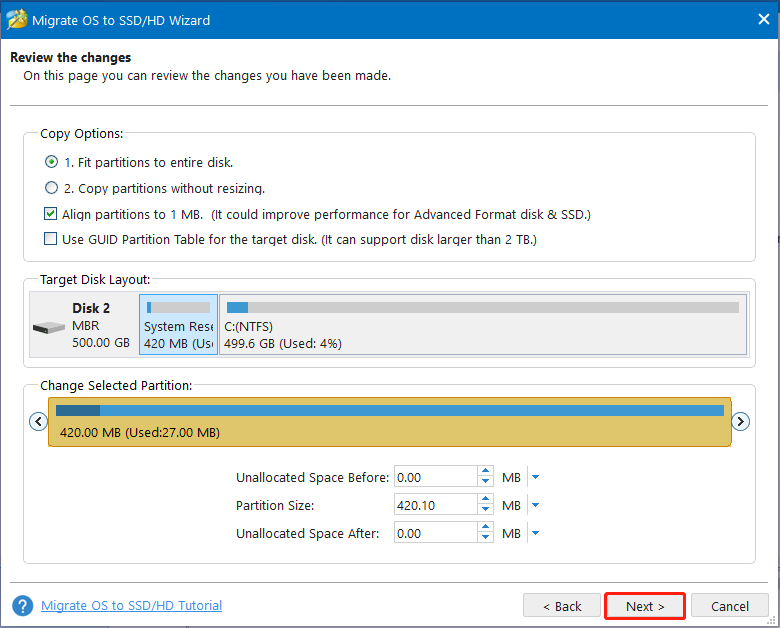 select Copy options