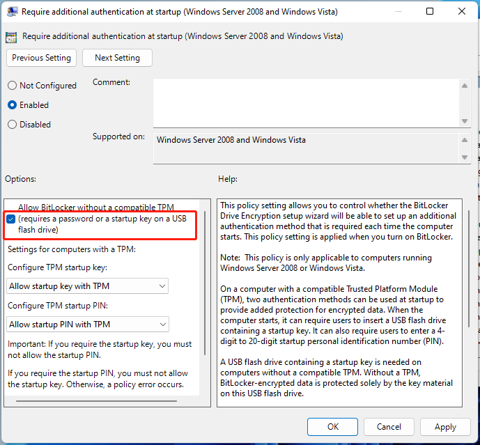 Allow BitLocker without a compatible TPM