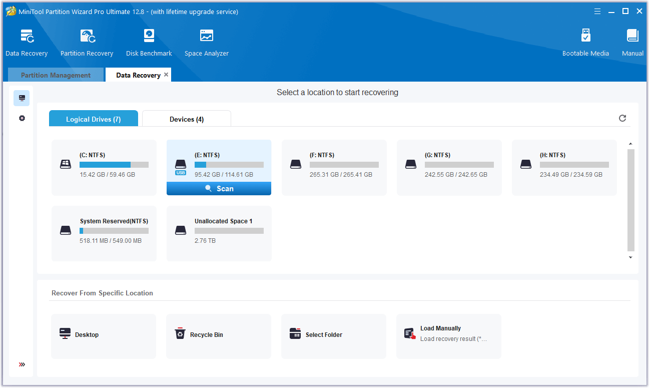 select the partition you want to recover and click Scan