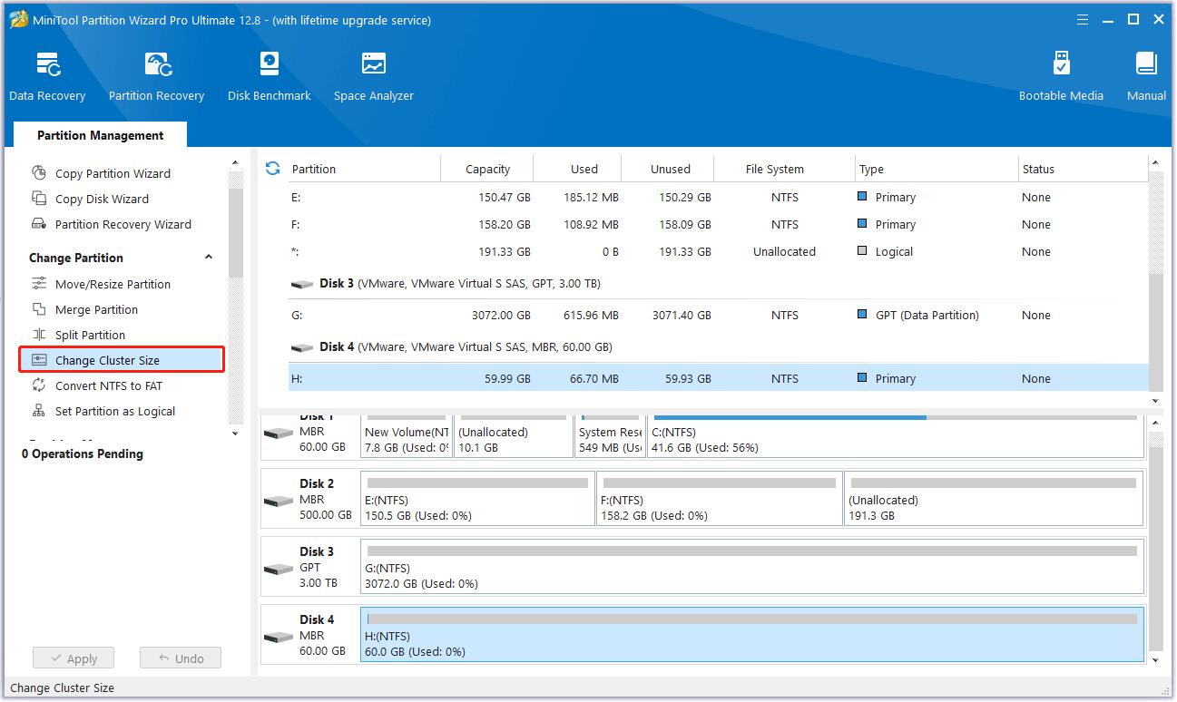 select the Change Cluster Size feature