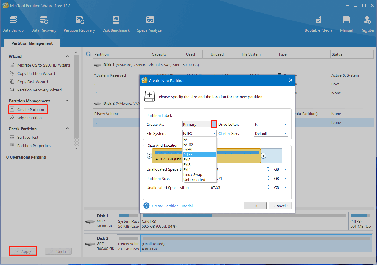 create partition using MiniTool