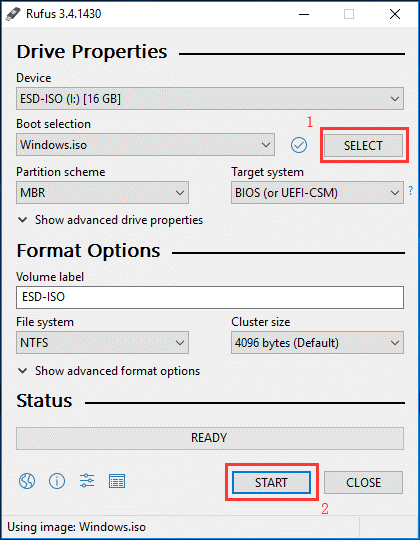 create bootable Windows installation drive using Rufus