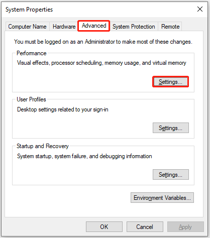 click Settings under Performance