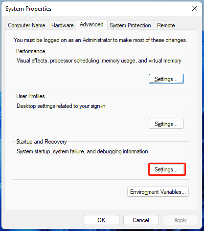 click Settings under Startup and Recovery