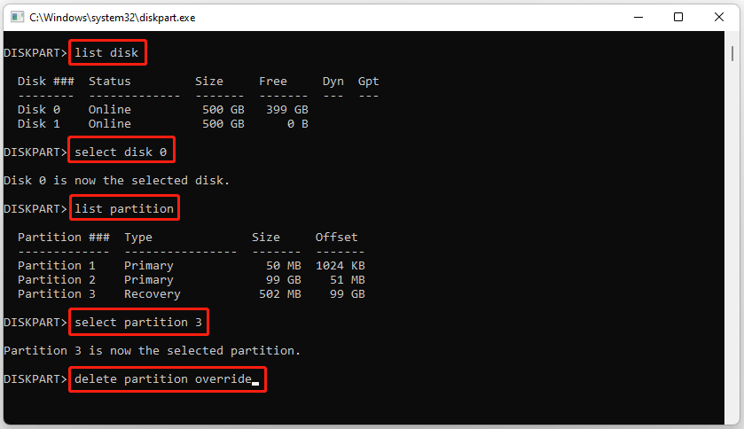 delete the Recovery Partition via diskpart