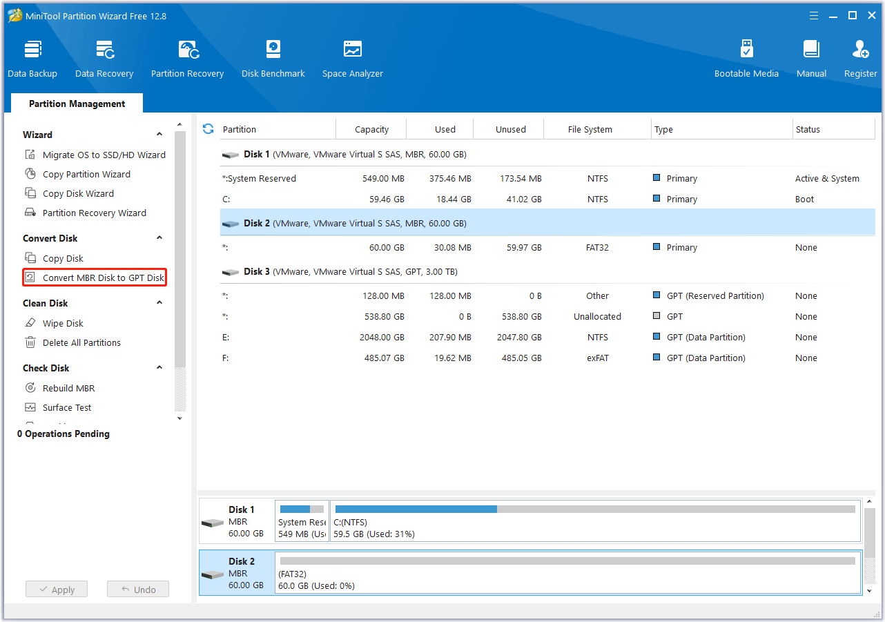 convert to GPT disk in MiniTool Partition Wizard