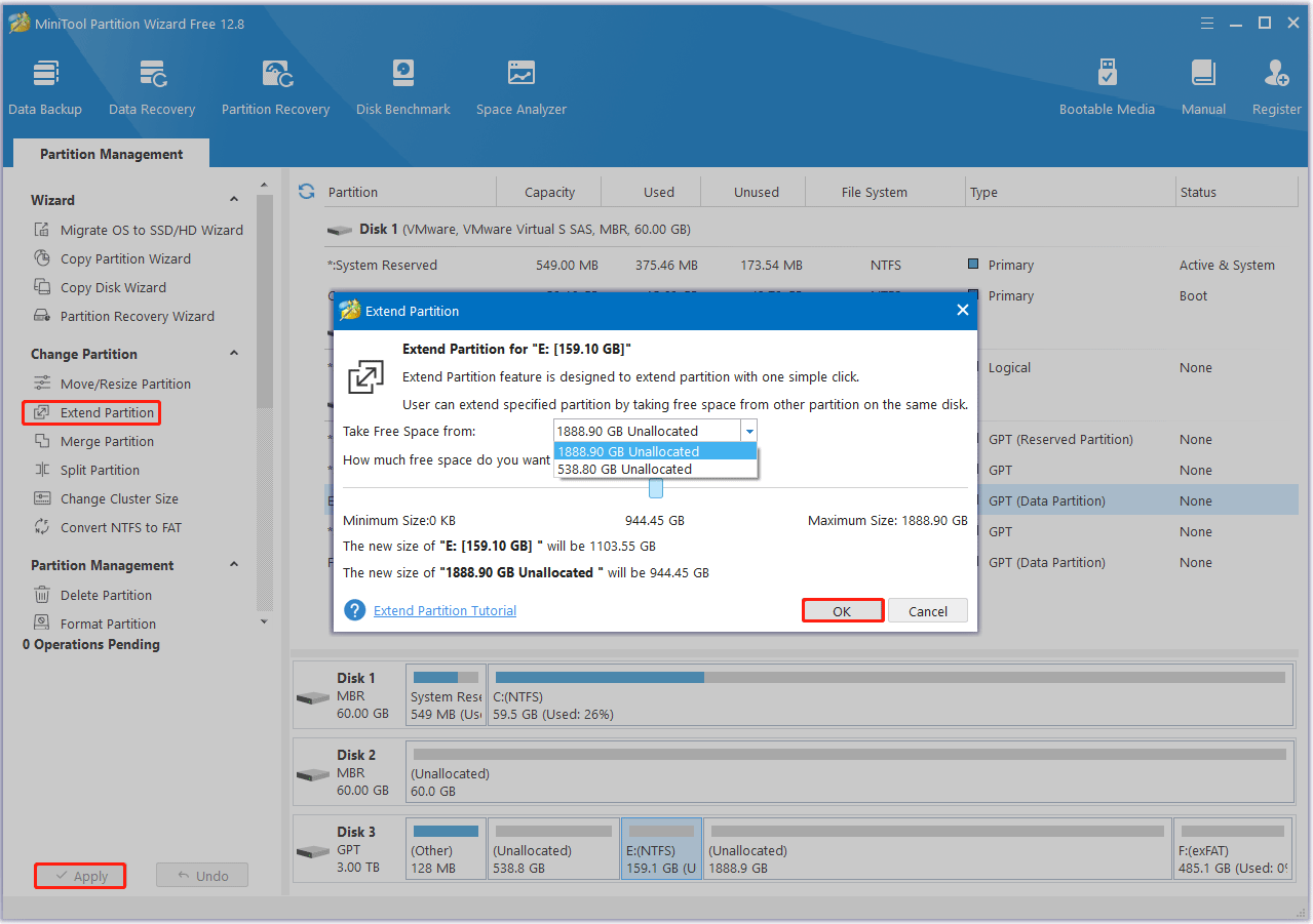 extend partition using the MiniTool software