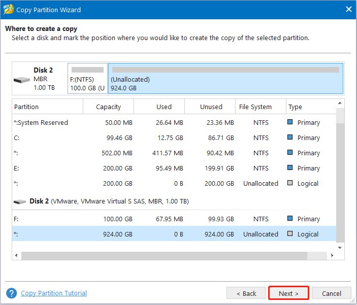 select the destination partition