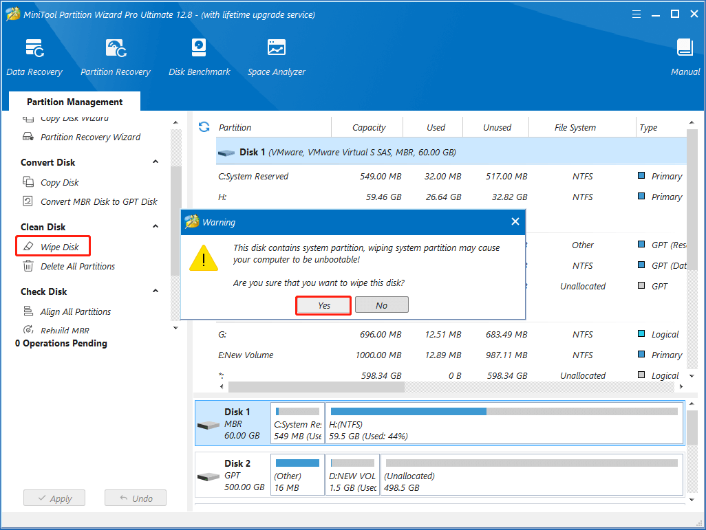 click Wipe Disk on MiniTool