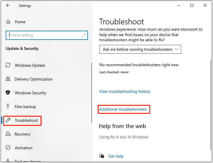 click Additional troubleshooters