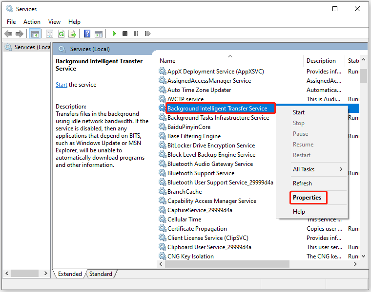 open properties of Background Intelligence Transfer Service