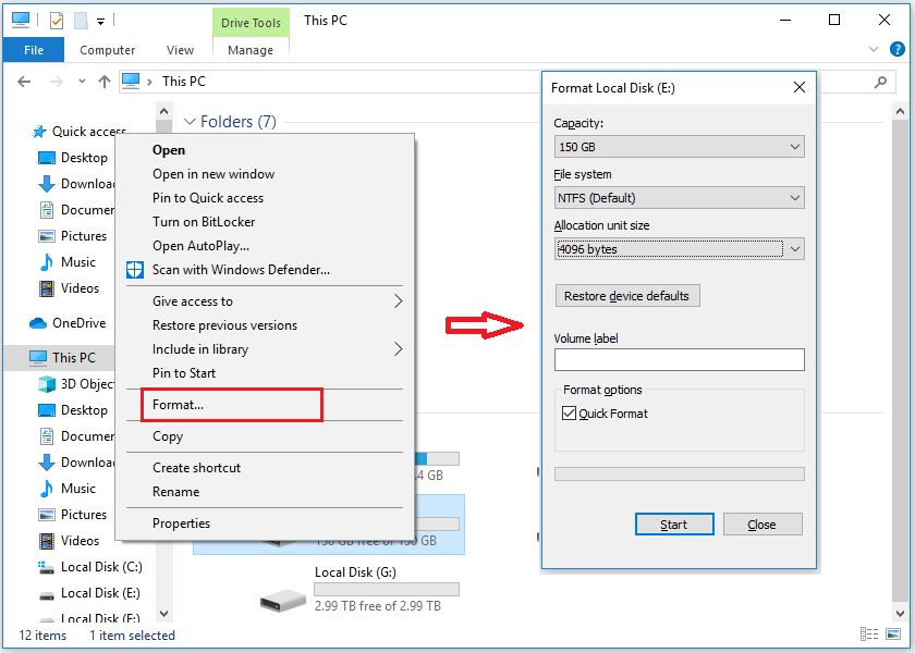 use Format in File Explorer window