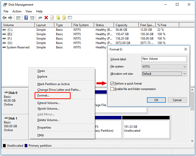 use Format in Disk Management