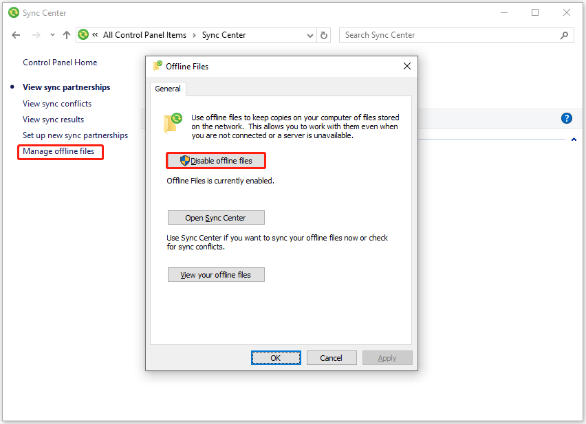click the Disable offline files button