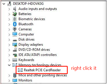 right click Realtek card reader driver