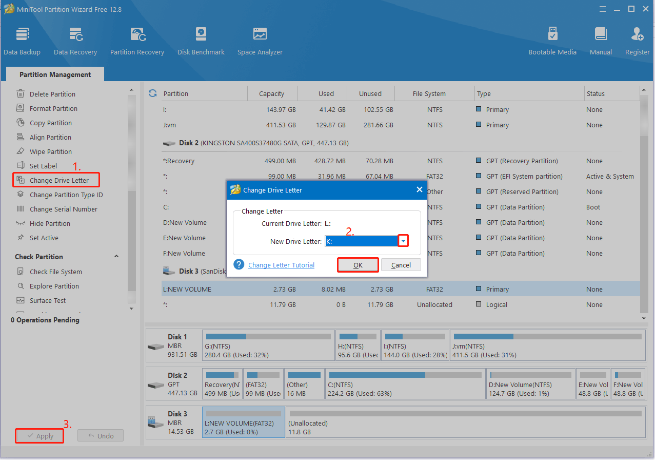 change drive letter using MiniTool