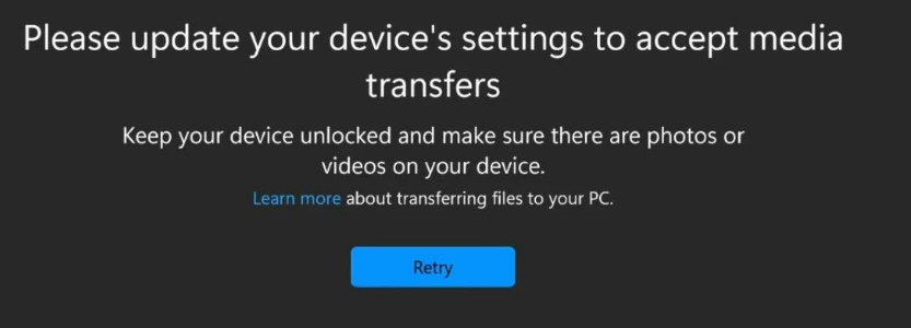 Please update your device's settings to accept media transfers