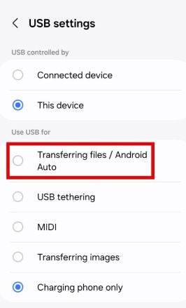 select Transfer files and Android Auto