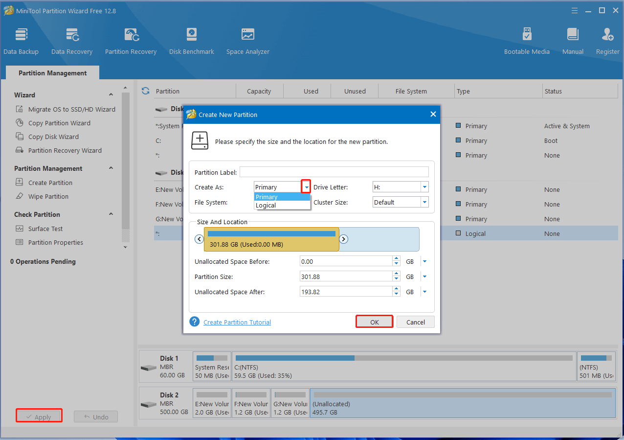 create partitions using MiniTool