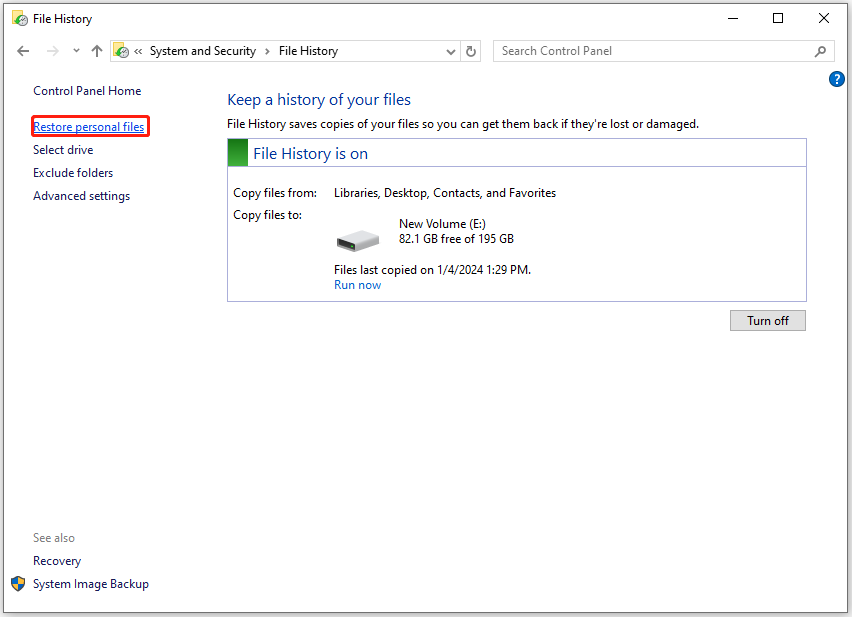 click Restore personal files