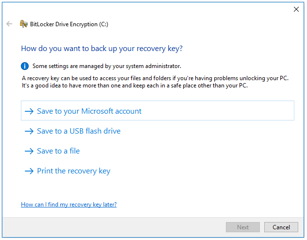 select a way to back up the BitLocker key