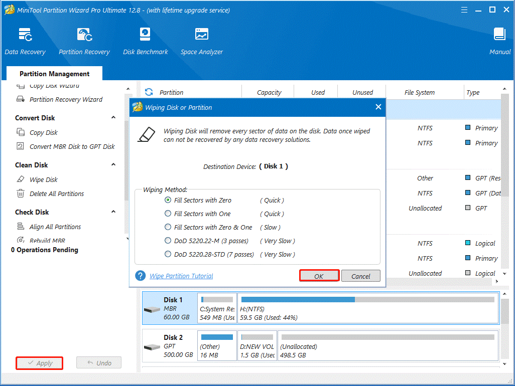 wipe disk using MiniTool